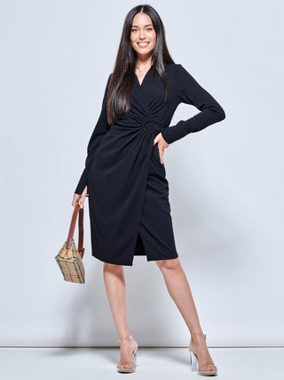 Plain Wrap Front Buckle Shirt Dress,  Black