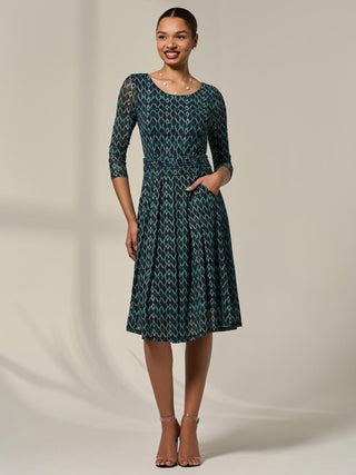 3/4 Sleeve Printed Mesh Dress, Green Geo