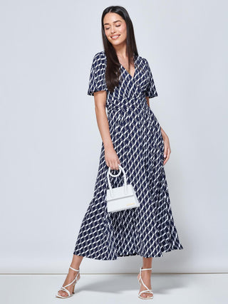Jaylynn Flare Sleeve Jersey Maxi Dress, Navy Geo