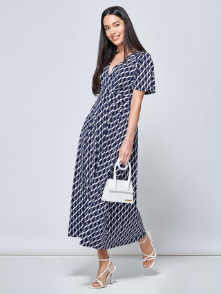 Jaylynn Flare Sleeve Jersey Maxi Dress, Navy Geo