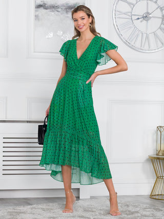 Leena Mesh Cap Sleeve Tiered Maxi Dress, Green Polka