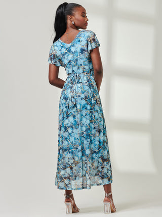 Wrap Dip Hem Mesh Maxi Dress, Blue Abstract
