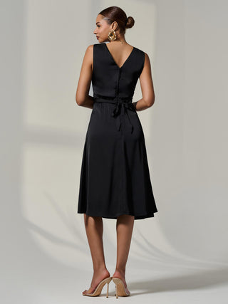 Sleeveless Waist Detail Midi Dress, Black
