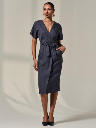 Short Sleeve Tie Waist Midi Dress, Dark Grey