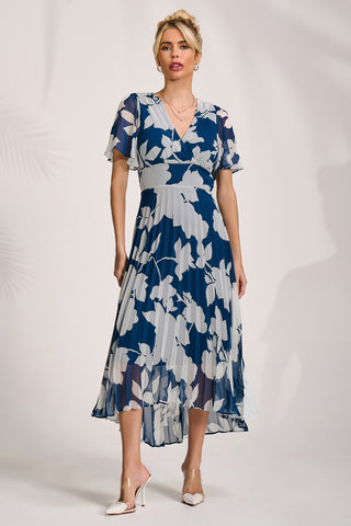 Pleated Chiffon Maxi Dress, Beige Floral