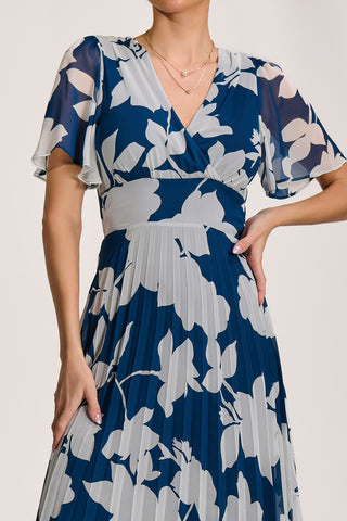 Pleated Chiffon Maxi Dress, Beige Floral