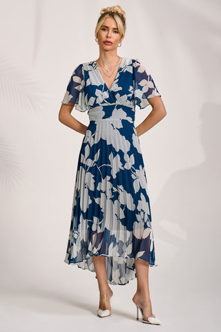 Pleated Chiffon Maxi Dress, Beige Floral