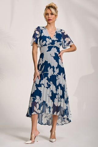 Pleated Chiffon Maxi Dress, Beige Floral