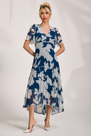 Pleated Chiffon Maxi Dress, Beige Floral