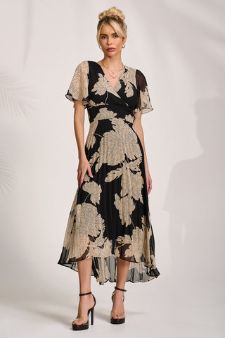Pleated Chiffon Maxi Dress, Black Floral
