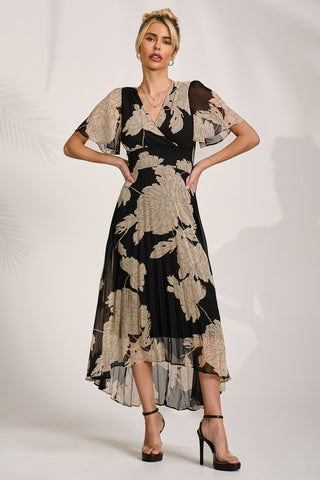 Pleated Chiffon Maxi Dress, Black Floral