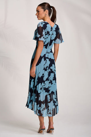 Pleated Chiffon Maxi Dress, Blue Floral
