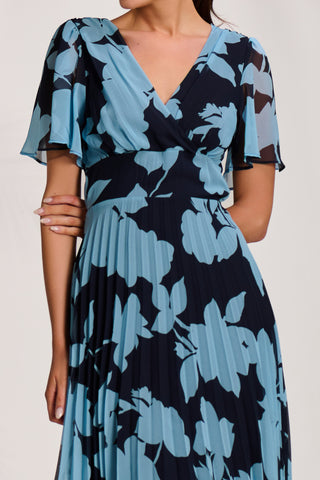 Pleated Chiffon Maxi Dress, Blue Floral