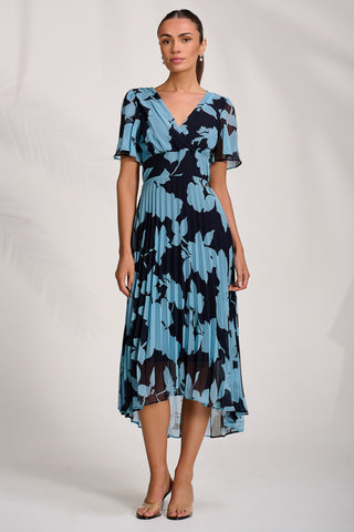 Pleated Chiffon Maxi Dress, Blue Floral
