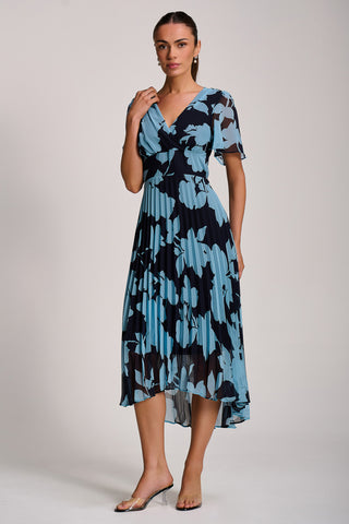 Pleated Chiffon Maxi Dress, Blue Floral