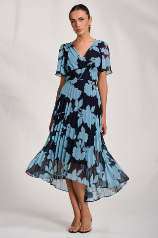 Pleated Chiffon Maxi Dress, Blue Floral