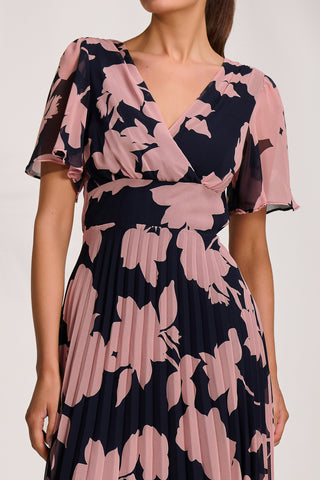 Pleated Chiffon Maxi Dress, Pink Floral
