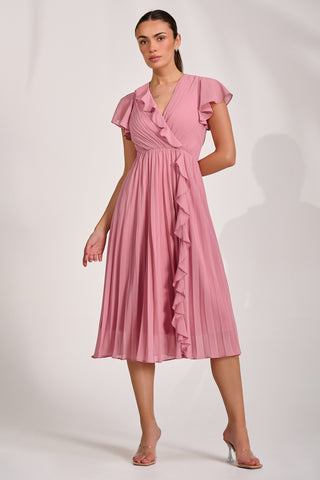 Ruffle Pleated Chiffon Midi Dress, Dusty Pink