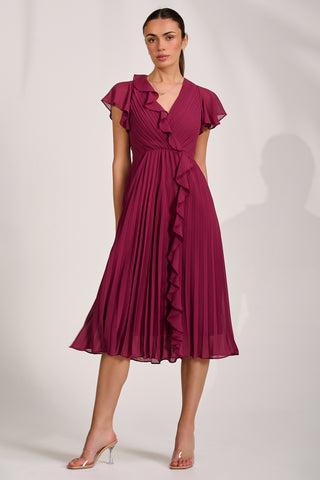Ruffle Pleated Chiffon Midi Dress, Mulberry