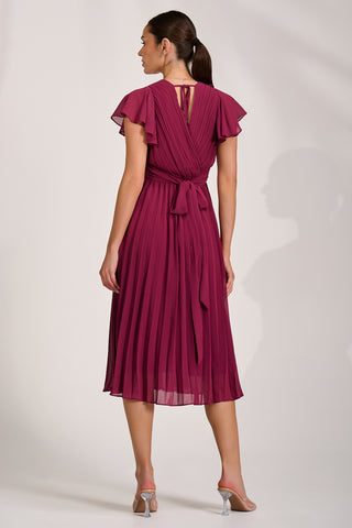 Ruffle Pleated Chiffon Midi Dress, Mulberry