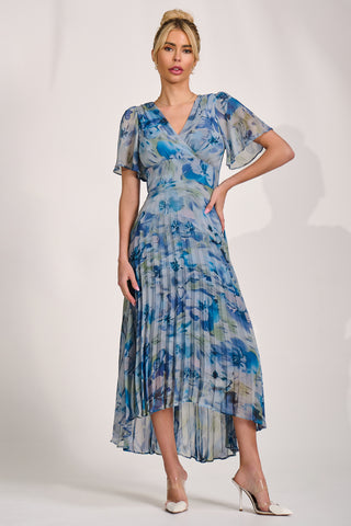 Chiffon Pleated Maxi Dress, Blue Abstract