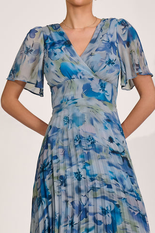 Chiffon Pleated Maxi Dress, Blue Abstract