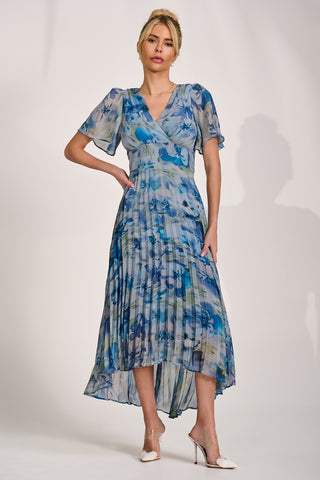 Chiffon Pleated Maxi Dress, Blue Abstract