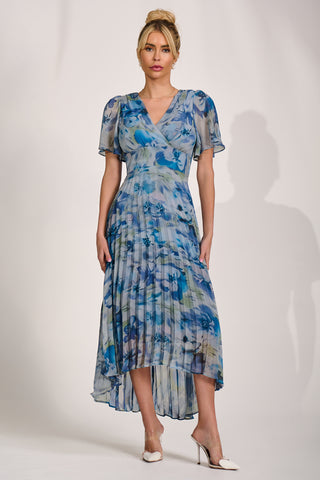 Chiffon Pleated Maxi Dress, Blue Abstract