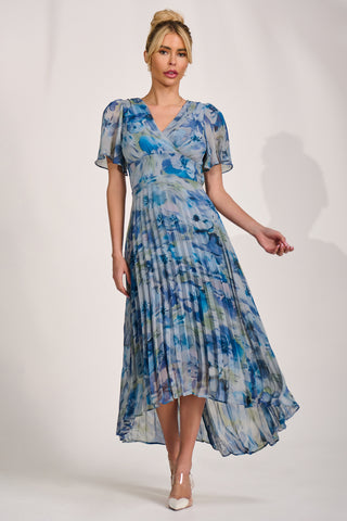 Chiffon Pleated Maxi Dress, Blue Abstract