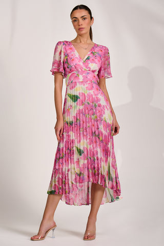 Chiffon Pleated Maxi Dress, Pink Floral