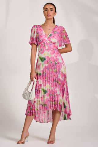 Chiffon Pleated Maxi Dress, Pink Floral