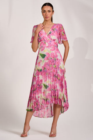 Chiffon Pleated Maxi Dress, Pink Floral