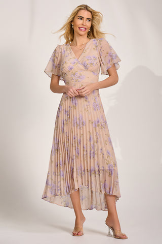 Chiffon Pleated Maxi Dress, Yellow Floral