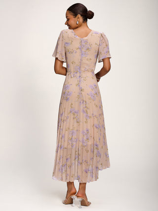 Chiffon Pleated Maxi Dress, Yellow Floral