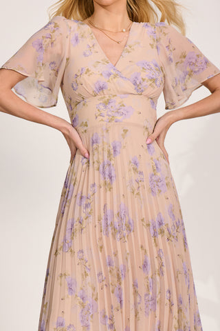 Chiffon Pleated Maxi Dress, Yellow Floral