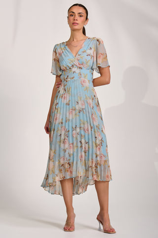Chiffon Pleated Maxi Dress, Blue Floral