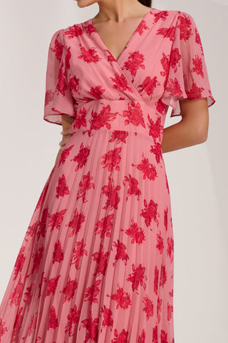 Chiffon Pleated Maxi Dress, Coral Floral