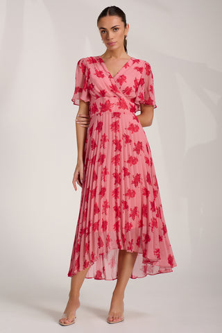 Chiffon Pleated Maxi Dress, Coral Floral