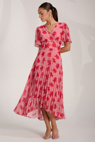 Chiffon Pleated Maxi Dress, Coral Floral