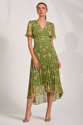 Chiffon Pleated Maxi Dress, Green Floral