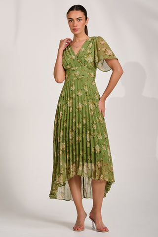 Chiffon Pleated Maxi Dress, Green Floral