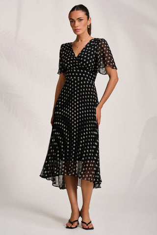 Pleated Chiffon Maxi Dress, Black Spot