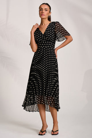 Pleated Chiffon Maxi Dress, Black Spot