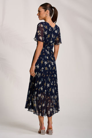 Pleated Chiffon Maxi Dress, Floral Multi