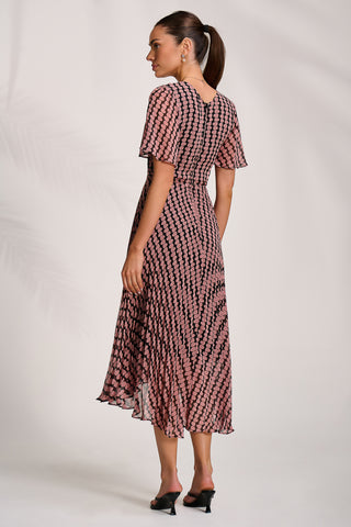 Pleated Chiffon Maxi Dress, Pink Geo