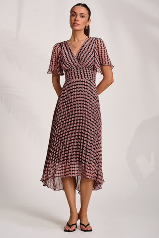 Pleated Chiffon Maxi Dress, Pink Geo