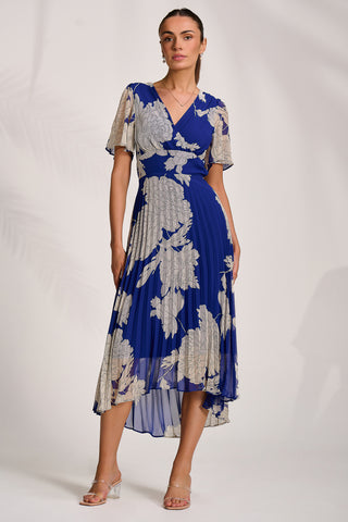 Pleated Chiffon Maxi Dress, Royal Blue Floral