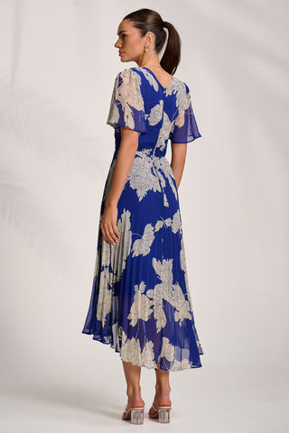 Pleated Chiffon Maxi Dress, Royal Blue Floral