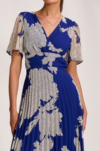 Pleated Chiffon Maxi Dress, Royal Blue Floral