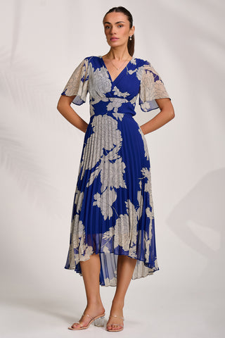 Pleated Chiffon Maxi Dress, Royal Blue Floral
